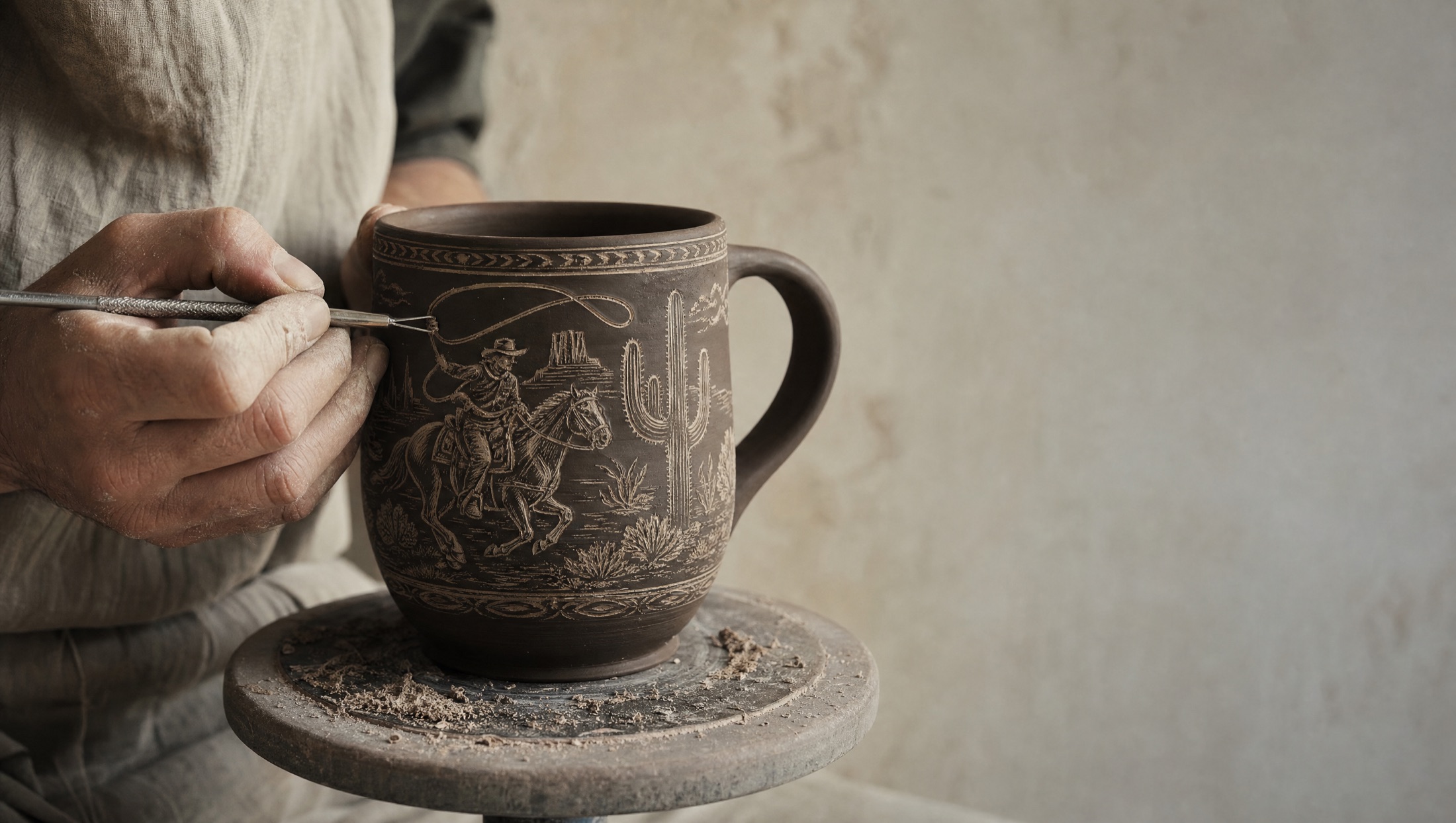 A ceramic artist carving a sgraffito cowboy on horseback into a dark-slipped stoneware mug